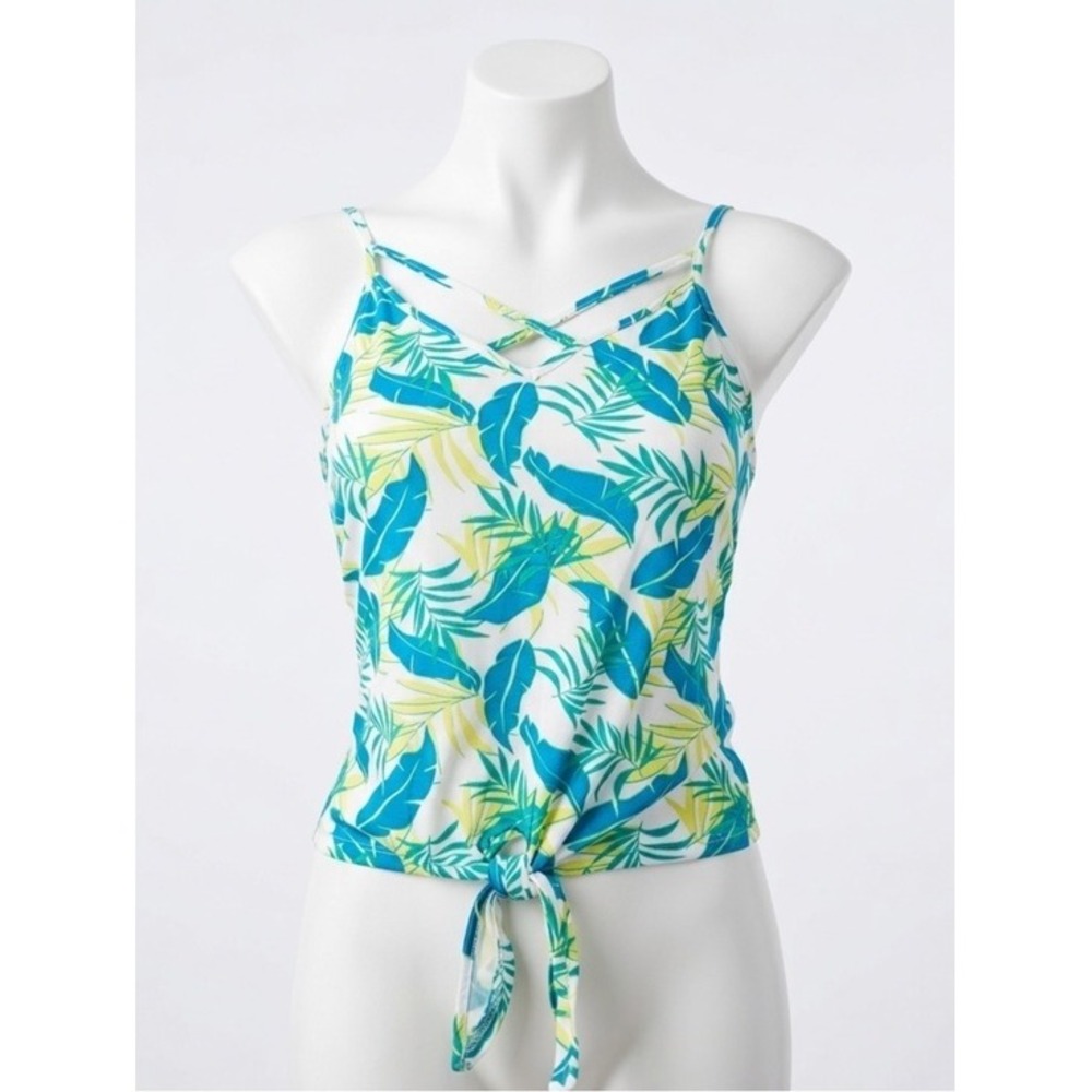 Poof NY Tropical Leaf Print Strappy Front Tie Tank Top NWT Blue Yellow Large